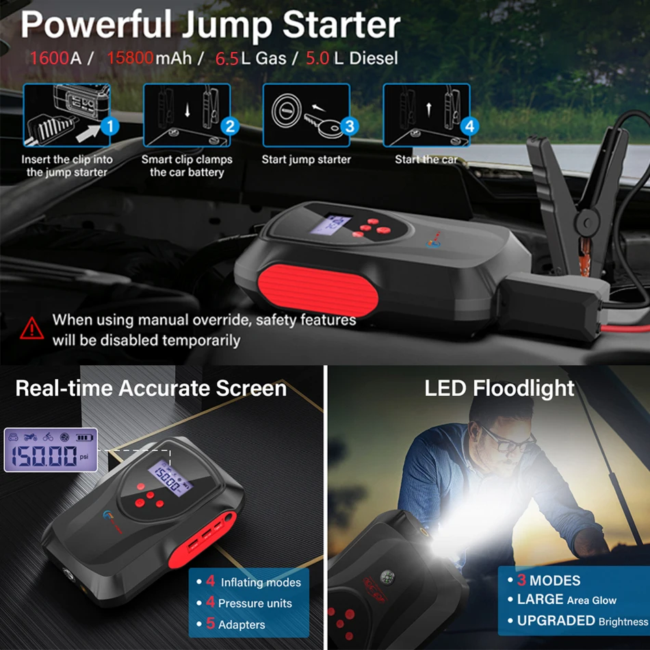 Multi-function Car Jump Starter Air Pump Power Bank Portable Air Compressor Cars Battery Starters Starting Auto Tyre Inflator car jump starter jump starter