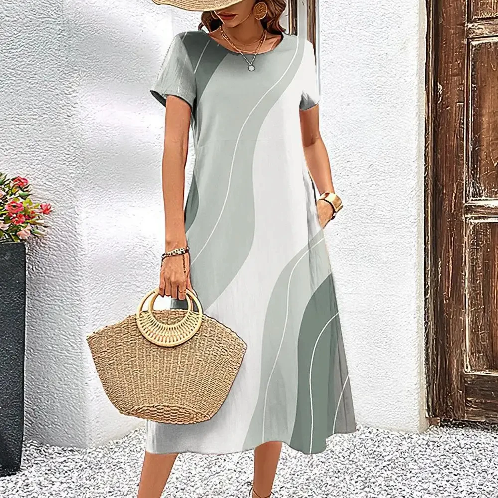 Vestido elegante de verano para mujer, de manga corta, con estampado de rayas, falda holgada de corte A, cuello redondo informal