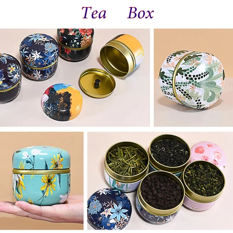 Tea Tin Box Tea Box Tinplate Caddy Household Portable Sealed Tea Packaging Box Japanese Style Flower Round Small Tin Containers