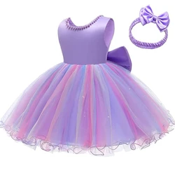 Elegant White Baby Dress with Big Bow - Perfect for Weddings, Baptisms, and First Birthdays (PURPLE)
