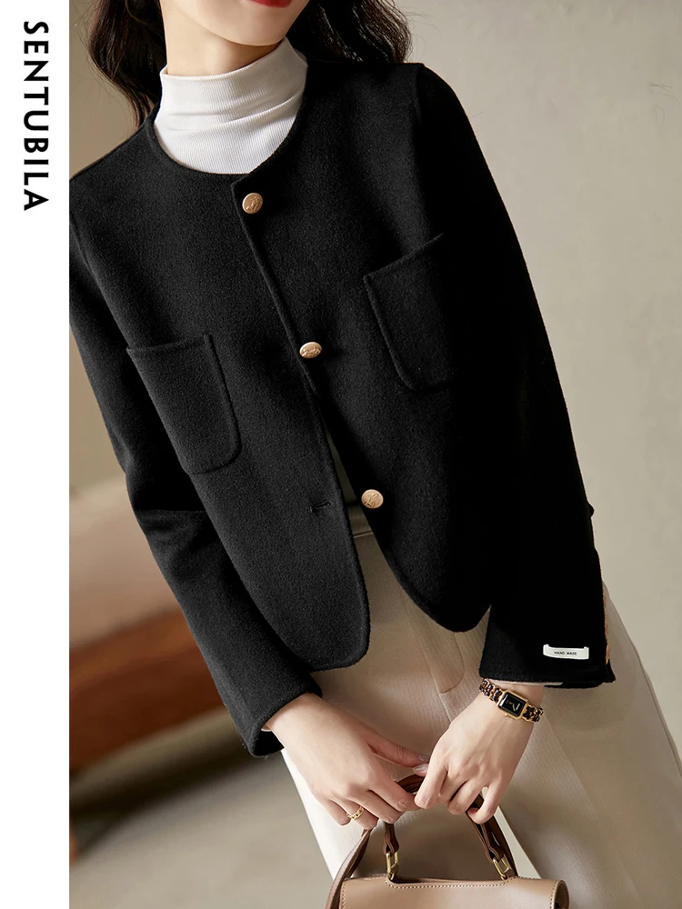 SENTUBILA 100% Wool Coat Woman 2023 Autumn Winter Elegant Single Breasted Round Neck Straight-cut Short Wool Jackets Outerwear