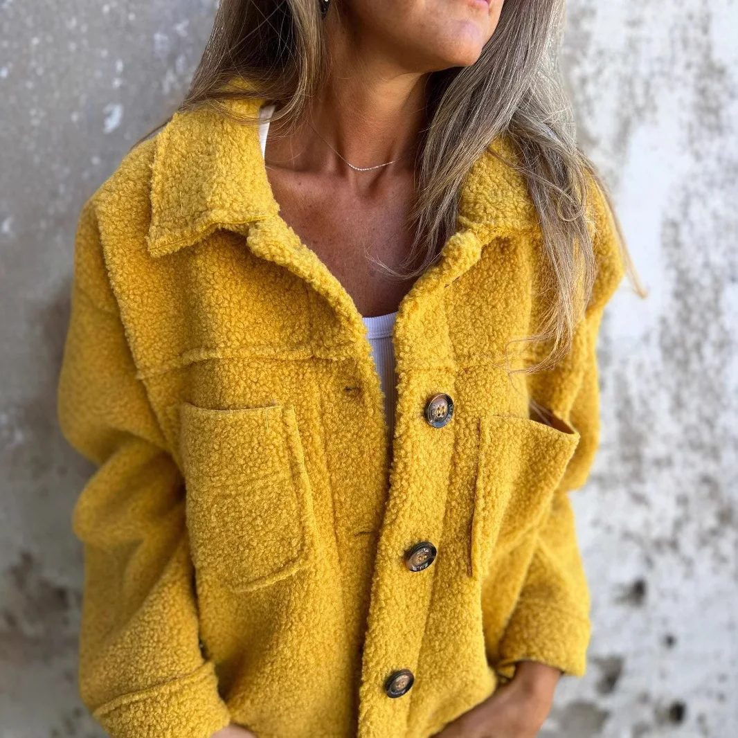 Women Autumn Winter Fleece Coat Long Sleeve Button Pocket Outwear