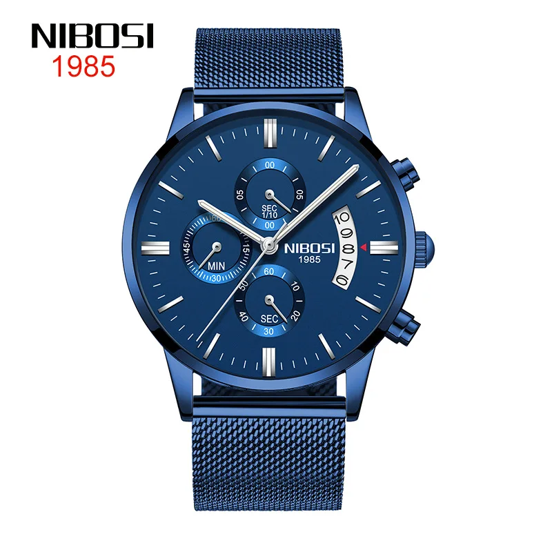 NIBOSI Sport Chronograph Quartz Watch Men  Stainless Steel Mesh Waterproof Mens Watches Top Brand Luxury Watch Relogio Masculino