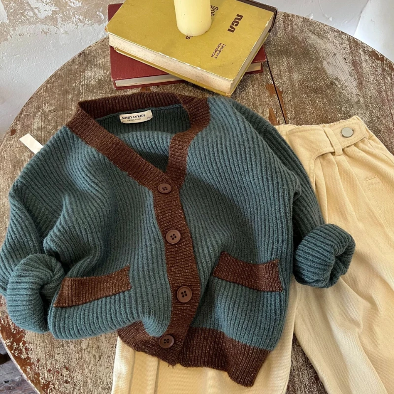 Children Sweater Boy Girl Contrast Knitted Cardigan Baby V-neck Sweater Coat Winter Baby Girl Cloth ملابس شتويه اطفال كنزة صوفية
