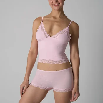 Europe American Simple Pink Light Thin Lace Strap Tank Top Flat Corner Lace Underwear for Women Comfortable Stretchy Short Sets 1