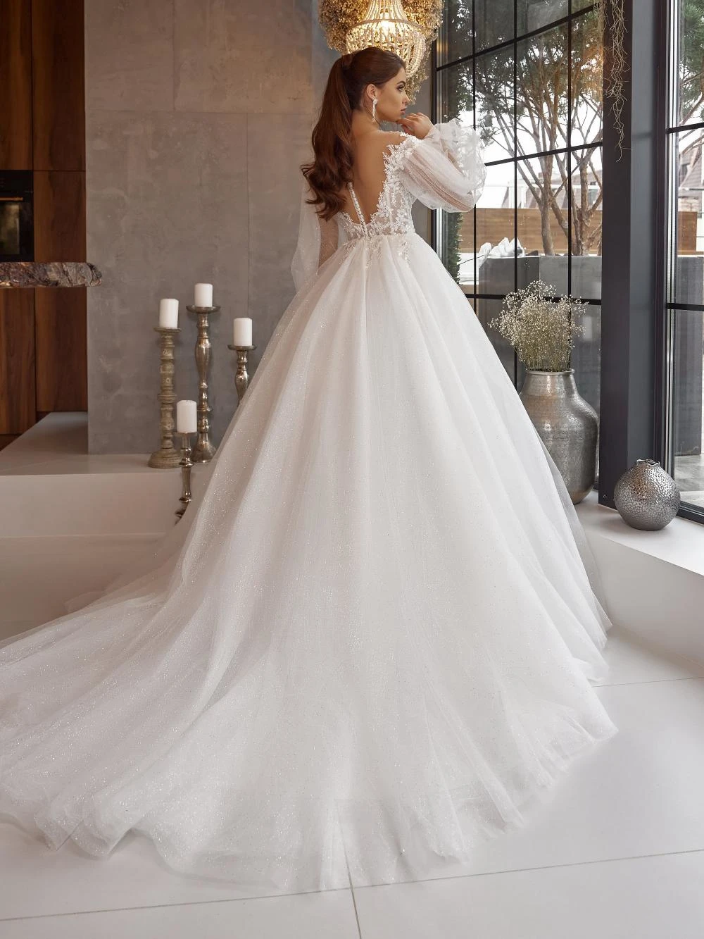Modest O-neck Long Sleeve Wedding Dress Sparkly Sequin Bead Bride Robe Elegant A-line Long Bridal Gown Customized Robe De Mariée 4