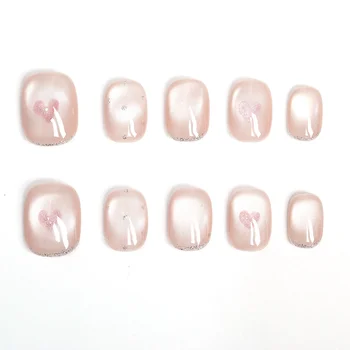 10PCS Glossy Pink Cat Eye Handmade Short Square Round Press on Nails Cute Cat Paw Patterns Simple Fake Nails Full Cover Wearable