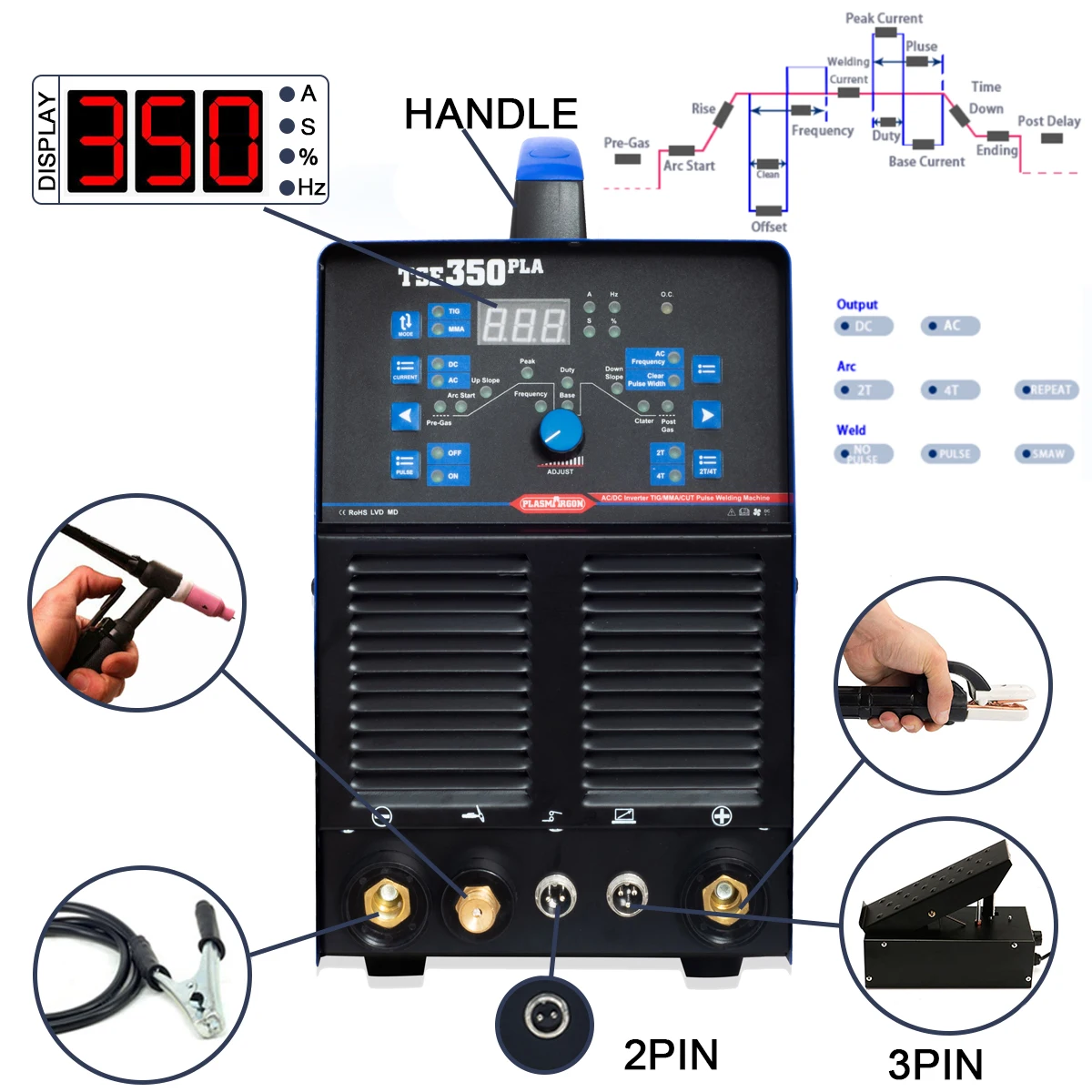 Plasmargon 220V TSE350PLA AC DC TIG Welder TIG Pulse Cold Welding TIG Aluminum with Aluminum Alloy Spot MMA Welding Equipment 3