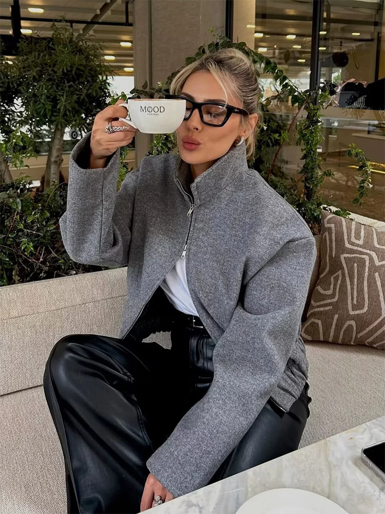 Women's Loose Stand Collar Jacket Coats Long Sleeve Zip Up Pockets Streetwear 2025 Autumn New  Lady Casual Solid Outerwear