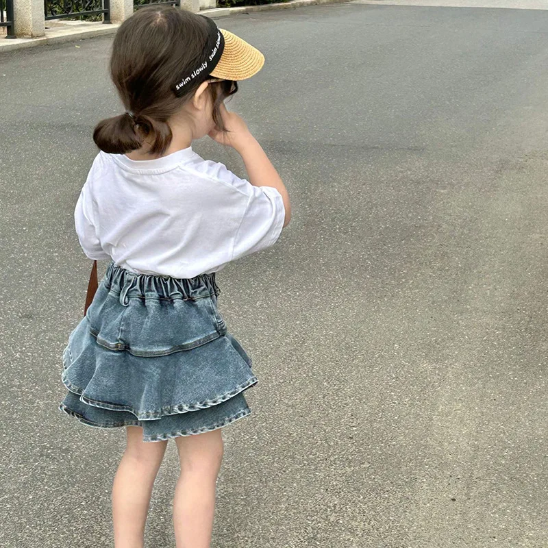 

Girls' Denim Skirted Leggings Spring and Summer Little Girl Skirt+WhiteTT-shirt All-Match Pantskirt Internet Celebrity Children'