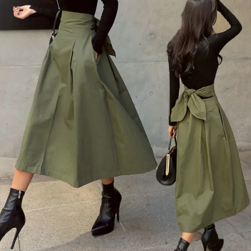 silk skirt Womens Fashion Solid Color Big Swing Ladies Skirt Long Skirt 2022 Spring Wild High Waist Bow Slim Skirts RV451 maxi skirts for women