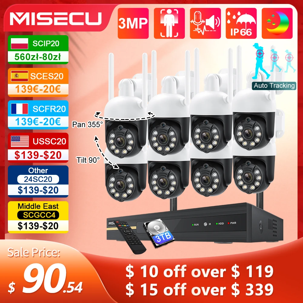 MISECU H.265 8CH NVR 3MP PTZ Wireless Camera System Outdoor Rotating Wifi Camera Waterproof CCTV Video Security Surveillance Kit