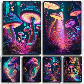 Pittura su tela colorata arte della parete astratta funghi psichedelici foresta incantata poster per soggiorno decorazioni per la casa Cuadros