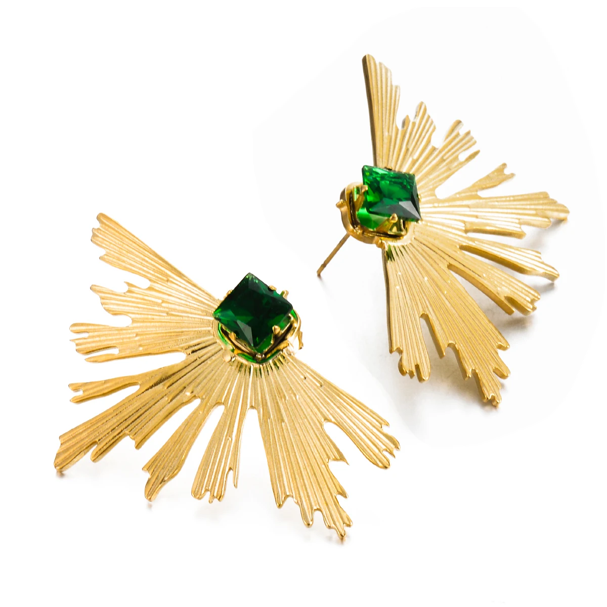 

New Irregular Fan Shape Green Cubic Zirconia Luxury Stud Earrings Statement Golden Metal Stainess Steel Jewelry