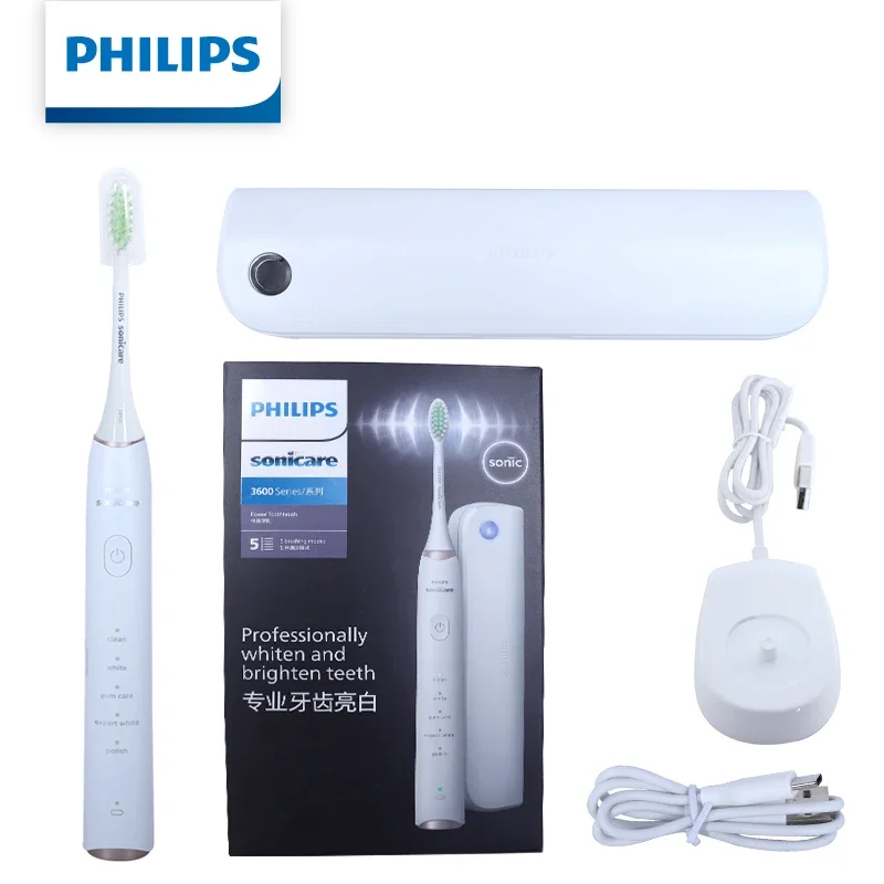 필립스 소닉케어 시리즈 3600 전동 칫솔, 첨단 음파 기술 탑재, 5가지 모드 충전식 칫솔+UV 살균 케이스