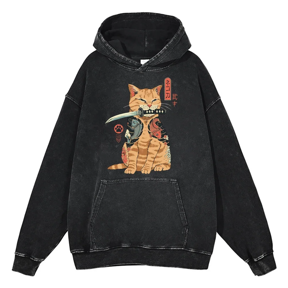 Funny Samurai Cat Print Hoodies Men Women Cartoon Vintage 100% Cotton Gothic Sweatshirts Casual Pullover Hip Hop Y2K Sportswear