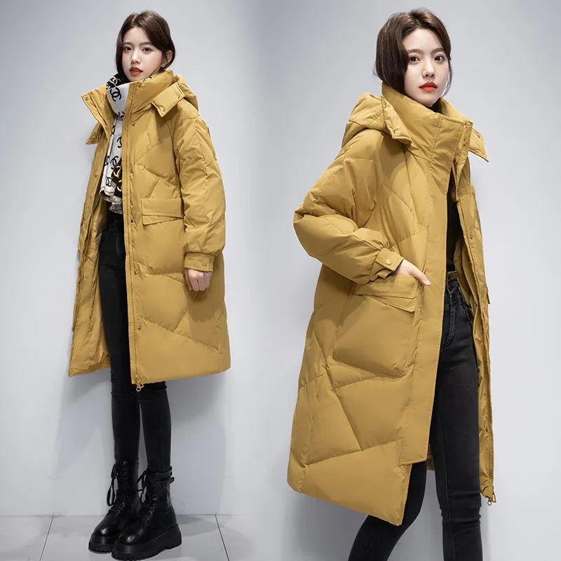 2023 New Women Down Jacket Winter Coat Female Warm Thick Parkas Loose Large Size Outwear Mid Length Version Hooded Overcoat