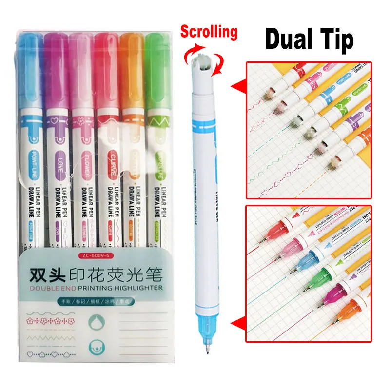 6Pcs Color Single Dual Tip Scrolling Curve Liner Highlighter Wave Line Stamp Art Marker Roller Pen Set For Hand Account Drawing