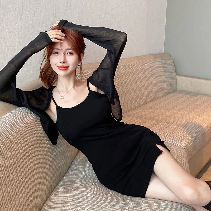 Xpqbb 여성용 블랙 화이트 자외선 차단 가디건, 긴 소매 얇은 시스루 크롭 탑, 심플한 단색 가디건, 여름
