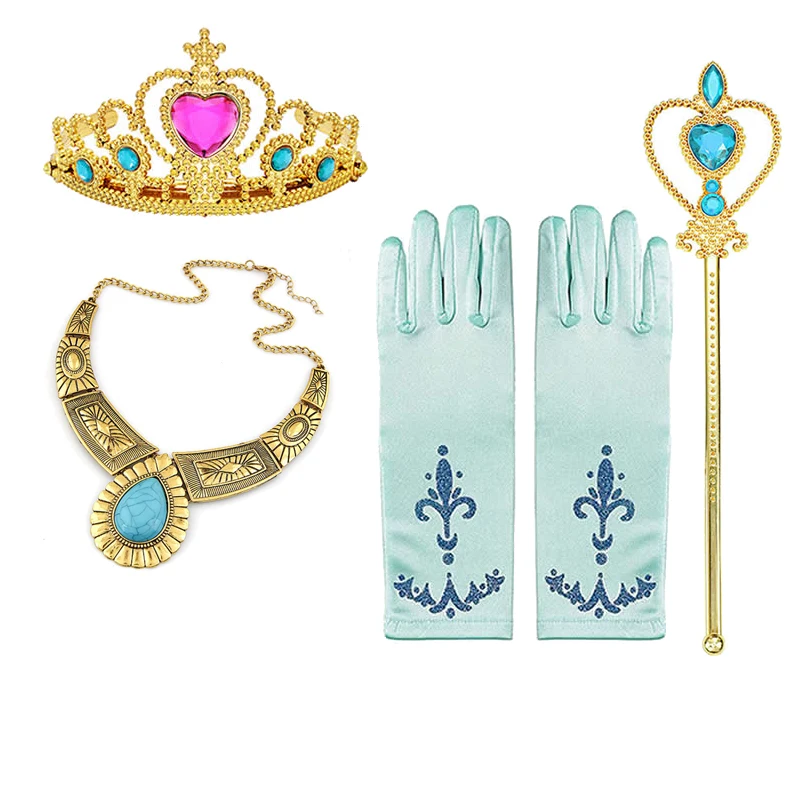 Girls Princess Dress Cosplay Accessories Gloves Wand Crown Jewelry Set Princess Wig Braid Dress Costume