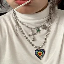 

Korean Cool Girls Punk Jewelry Silver Color Chain Short Necklaces For Women Geometric Butterfly Cross Heart Necklaces Pendant