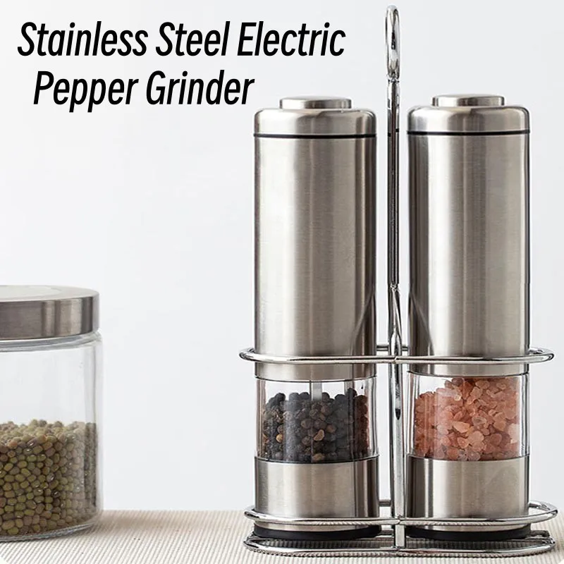 Electric Pepper Salt Grinder Set With Frame Automatic Spice Mill with LED Light Adjustable Coarseness Gravity Button Grinder