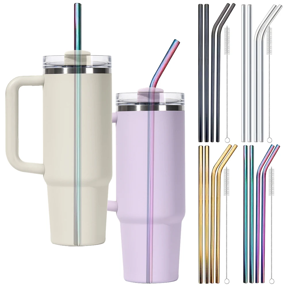 Set of 4 Stainless Steel Reusable Straws with Cleaning Brush