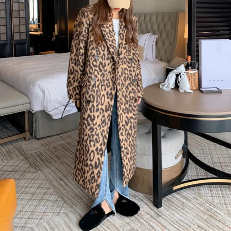 Women's Long Sleeve Woolen Coat, Classic Leopard Print, Loose Style, Female Fashion, Long Outwear, Casual, Versatile, Winter