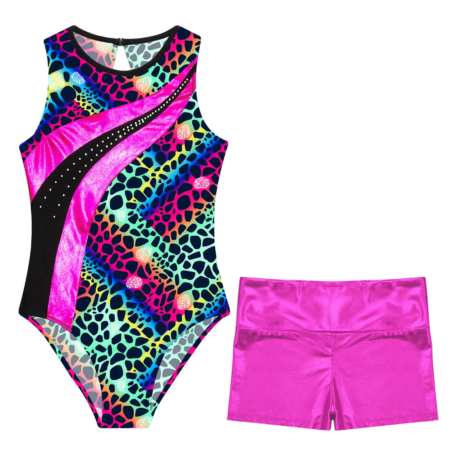 Children Dancing Skating Jumpsuit Kids Girls Sleeveless Print Rhythmic Gymnastics Bodysuit with Shorts Yoga Ballet Dance Leotard