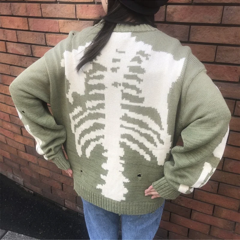 ladies cardigans Men's oversized sweater green loose skull print women's high quality high street hole retro 1:1 knitted sweater y2k tops E-girl brown cardigan