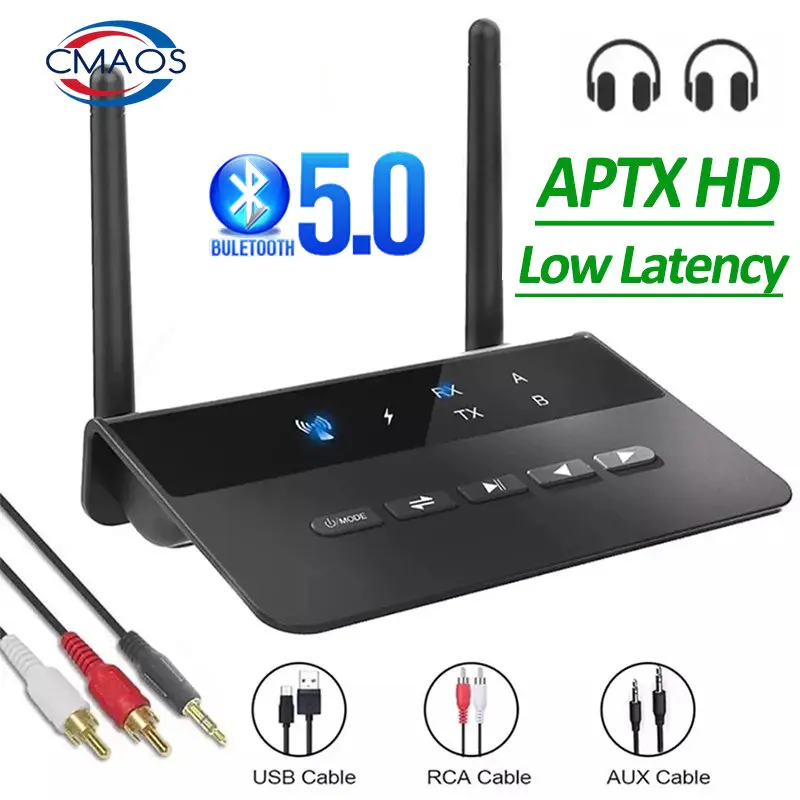 블루투스 5.0 송신기 리시버 Aptx HD LL 저지연 무선 오디오 어댑터, PC TV 헤드폰용, 3.5mm AUX RCA 잭, 80M
