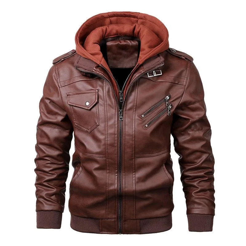 Men's Autumn and Winter Leather Jacket Slim Zipper Thin Jacket Removable Knit Hooded European and American Plus Size Top