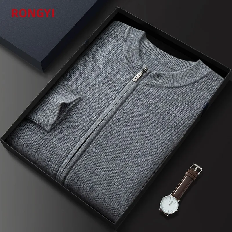 RONGYI 100% Goat Cashmere Men's Clothing Autumn and Winter New Knitted Cardigan Casual Loose Bottomed Shirt Fashion Jacket Top