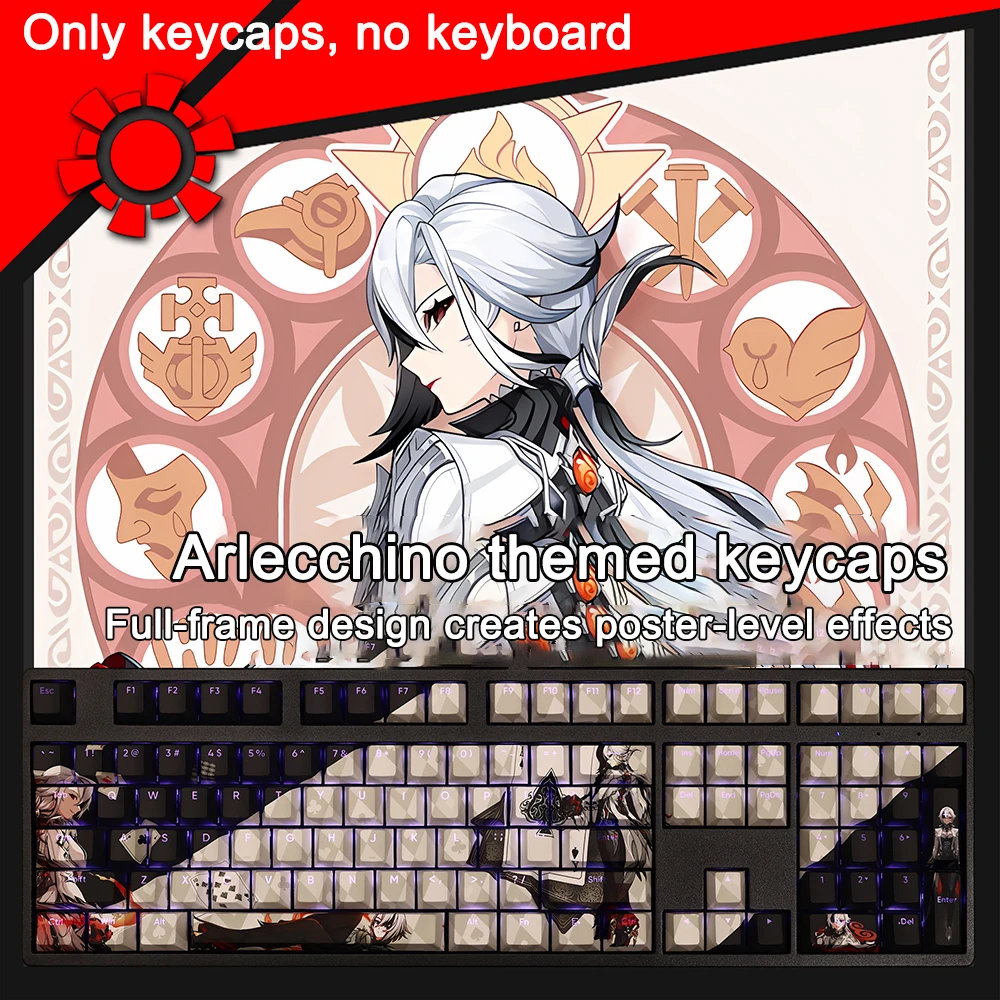 Genshin Impact Keycaps Pbt Dye Subbed Anime Gaming Key Caps Arlecchino The Knave Keycap Ansi 61 87 104 Conjunto de 108 Chaves