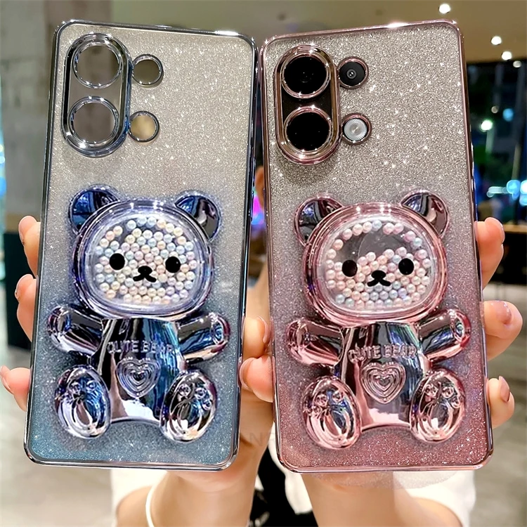 Roztomilý držák na medvěda pokovování silikonové pouzdro pro Xiaomi Redmi Note 13 Pro 13pro Note13 4g 5g kryt stojanu Mi Poco X6 M6 Pro Pocox6_voghion.com