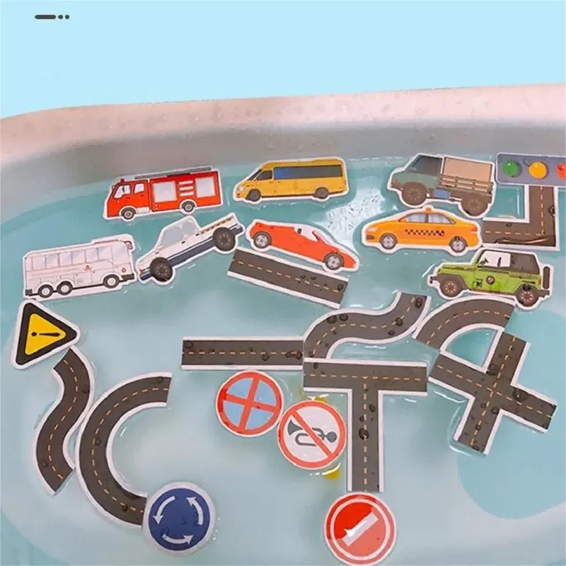 23 Pieces Bath Water Toy Sticky Wall City Traffic Car Road Rail Puzzle Vinyl 0-3Y 3-6Y 6-12Y 12+y 14+Y Bath Features 2