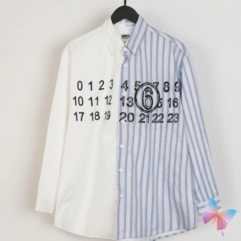 

High Street Patchwork Couple Clothes Mm6 Shirt Calendar Digital Print Button Cardigan Striped Patchwork Long Sleeve