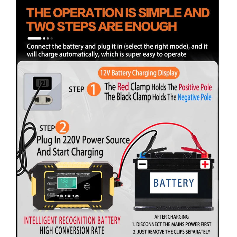 12V 6A Car Battery Charger Smart Full Auto Pulse Repair LCD Display Lead Acid Battery Chargers EU or US Plug
