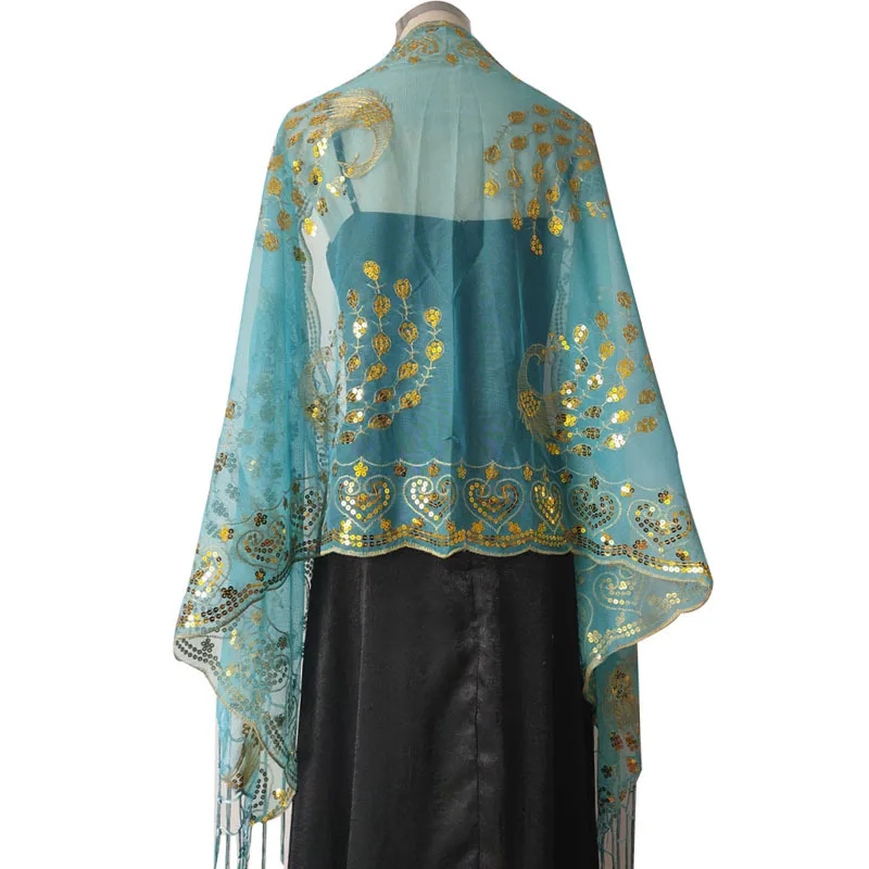 Western Region Style Exotic Style Jasmine Princess Brilliant Head Gauze Ancient Style Peacock Embroidery Sequin Shawl Blue Scarf