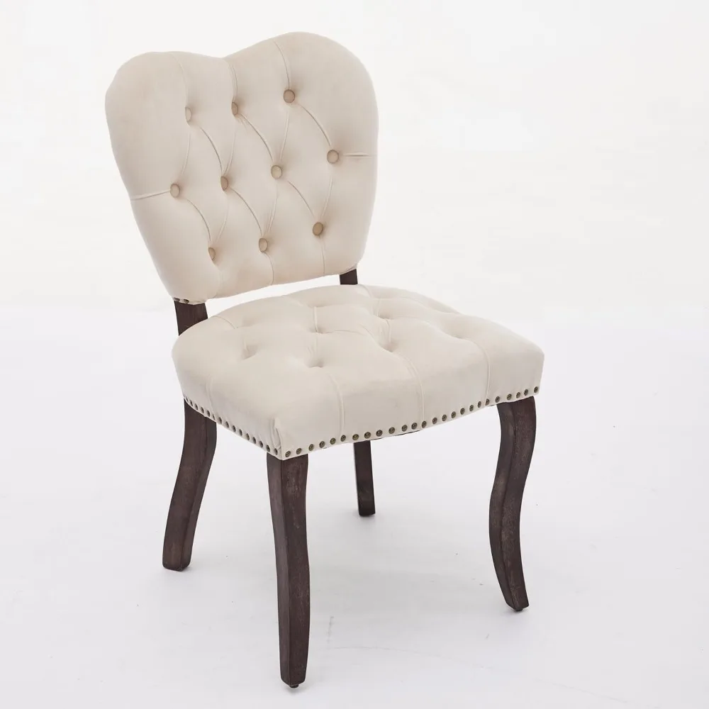 French Vintage Tufted Upholstered Dining Chairs, Beige Fabric with Wooden Legs, Ideal for Kitchen, Dining Room & Cafe, Set of 4 5