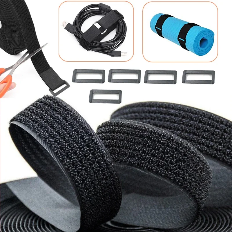 Adjustable Black Nylon Hook and Loop Fastening Straps with Buckles for Cable Organization and Storage
