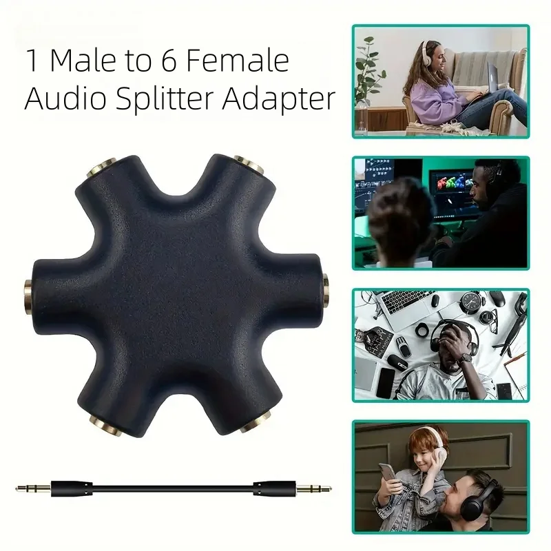 Multi-Port 3.5mm Audio Splitter Cable with Adapter - 1 Male to 5 Female Aux Output Converter