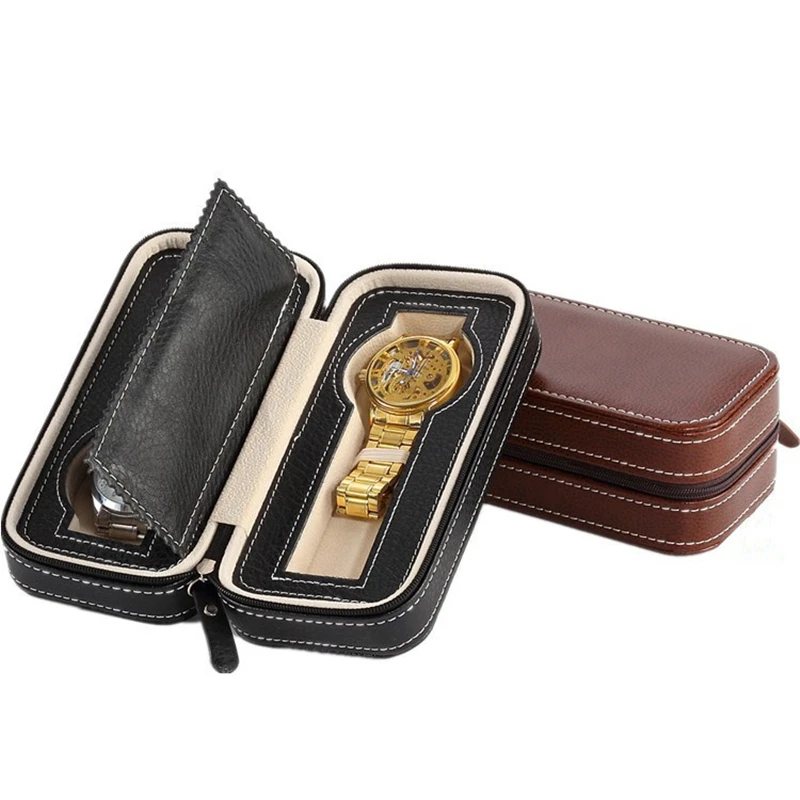 2 Slots Leather Watch Box Organizer New Watch Display PU Case Storage Box Travel Holder For Men
