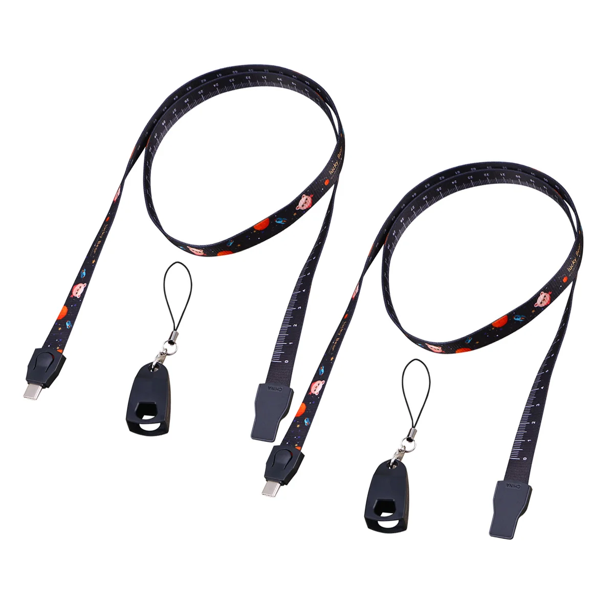 

2pcs Mobile Phone Lanyard with Ruler Creative USB Cable Portable Data Line Phone Accessories (Type-c, Long Type, Black)