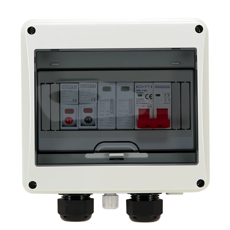 Double PG solar photovoltaic PV DC combiner box electrical junction box electrical box electrical distribution box photovoltaic combiner box 600V Surge Lightning Protection 1 input 1 out Fuse MCB SPD Distribution Box IP65