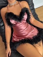 Nouvelle Robe de Nuit Sexy à Col en V avec Bordure en Plumes pour Femmes, Pyjama Élégant à la Mode, Jupe Courte Unie pour la Maison et les Soirées 1