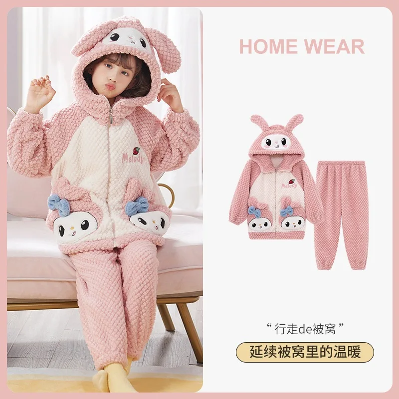 

Sanrios Mymelody Cinnamoroll Kuromi Cartoon Plush Zippered Flannel Pajamas Set kawaii Anime winter warm Hooded Jacket Homewear
