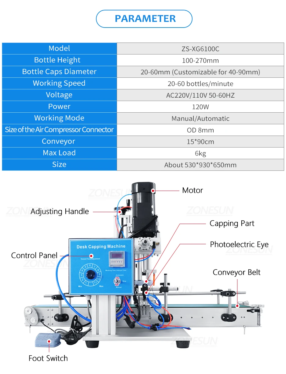 ZONESUN ZS-XG6100C Настольная автоматическая укупорочная машина для бутылок с завинчивающейся верхней крышкой для распыления жидкости Поворотная стеклянная крышка-капельница 