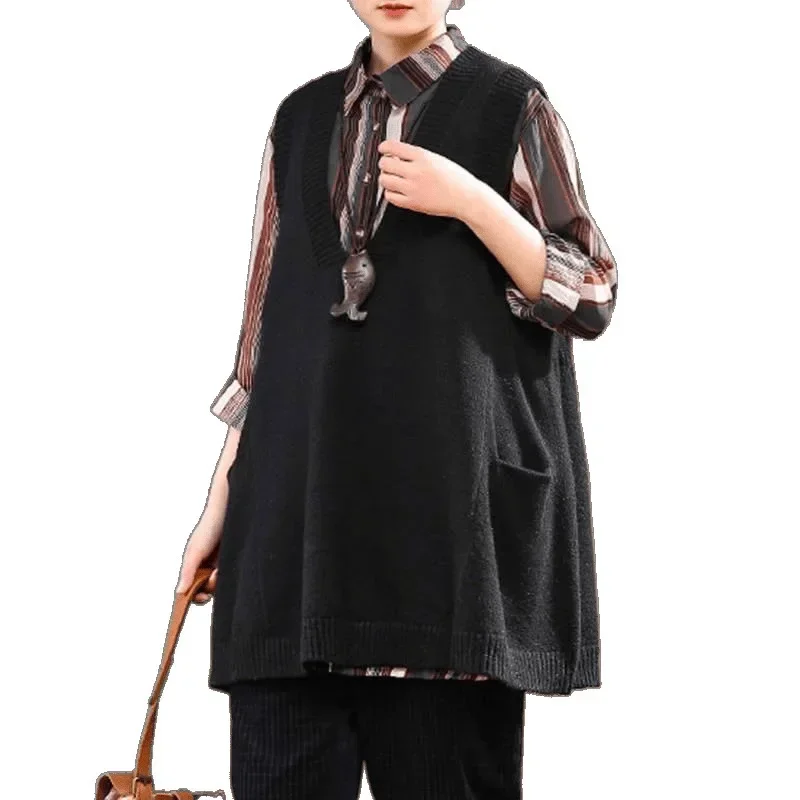 Loose Plus Size Sweater Vest Women Knitted Long V-neck Body Shaping Fleece Lined Autumn Winter Fashion Korean Style 3