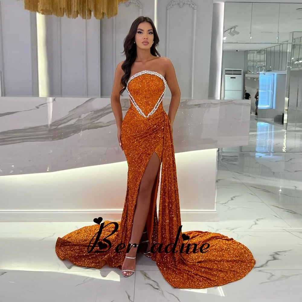 

Bernadine Prom Dresses Classic Strapless Evening Gowns For Women Slit Sequin Rhinestones Court Train Vestidos Robes De Soirée